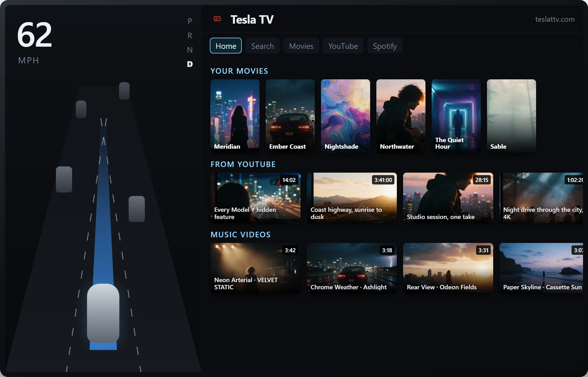 The Tesla TV home screen with movies, YouTube and music rows