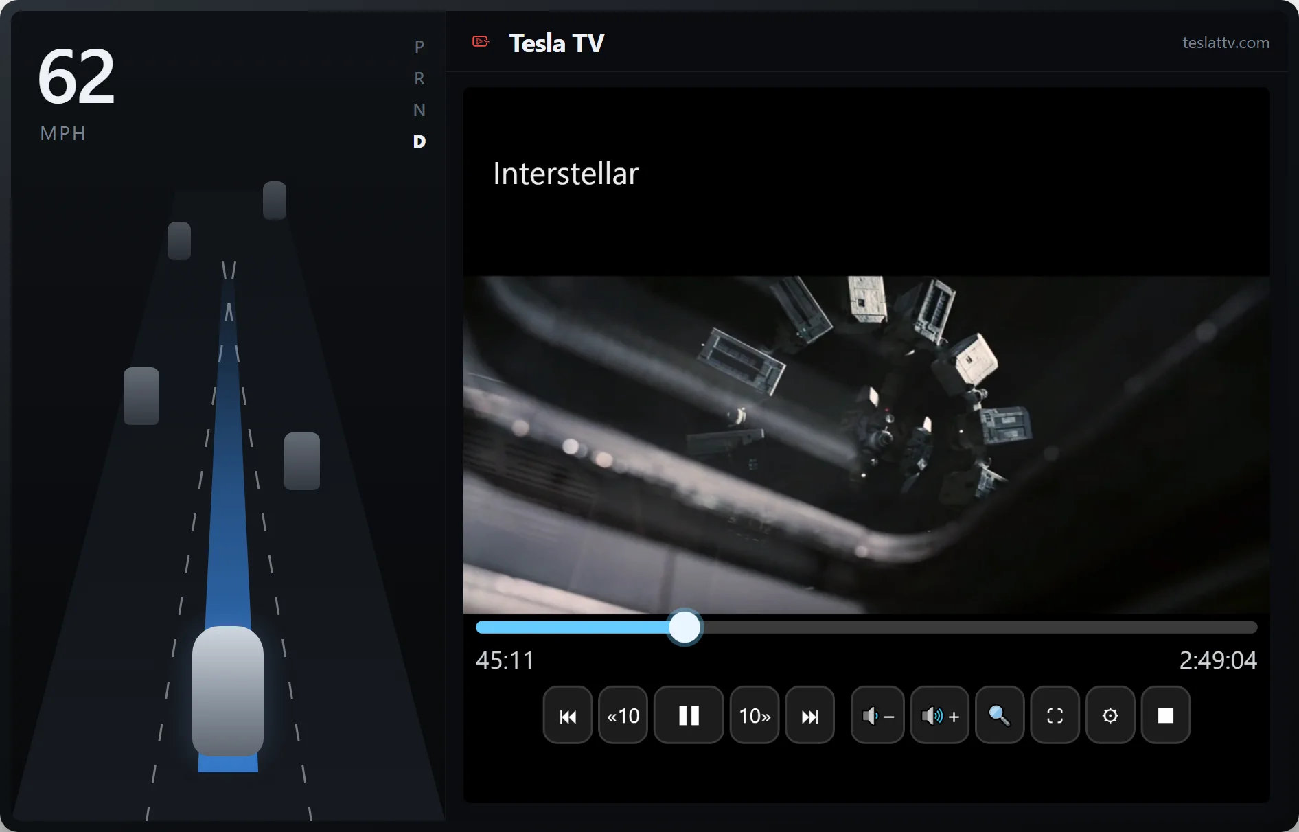 Tesla TV playing a film on the car's centre screen