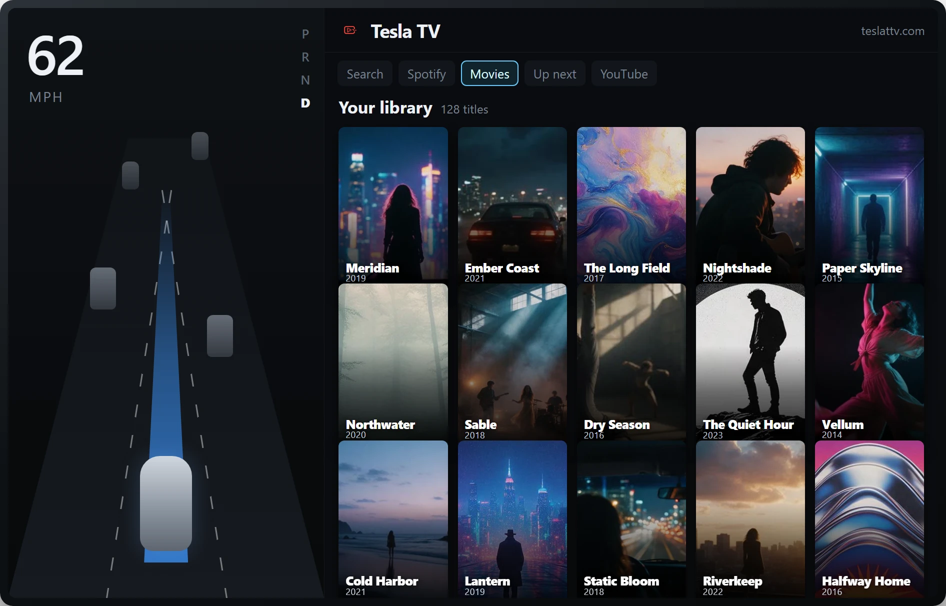 The Tesla TV movie library on the car's centre screen