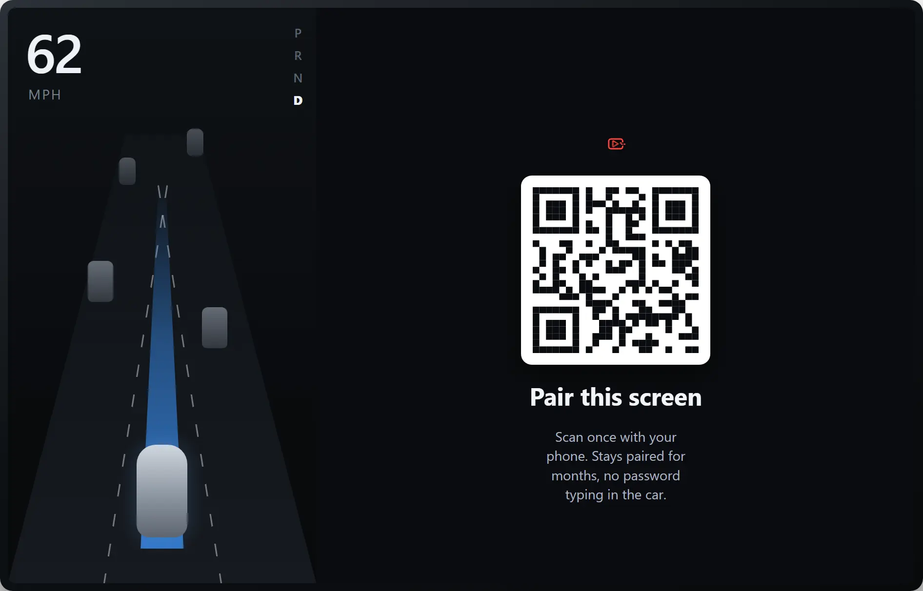 The Tesla TV pairing screen with a QR code on the car display