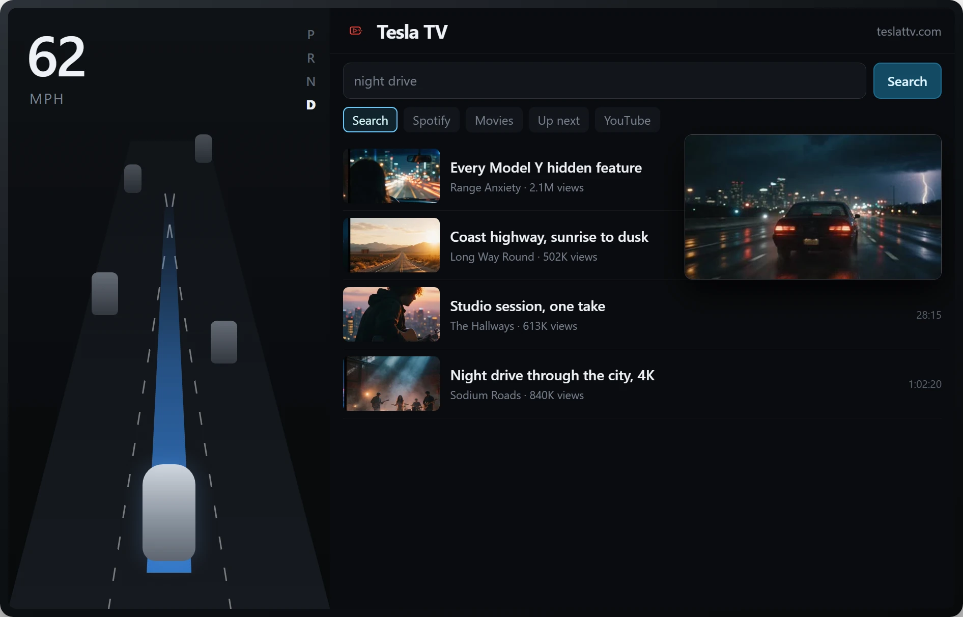 Tesla TV playing in a small draggable window while the search panel is open