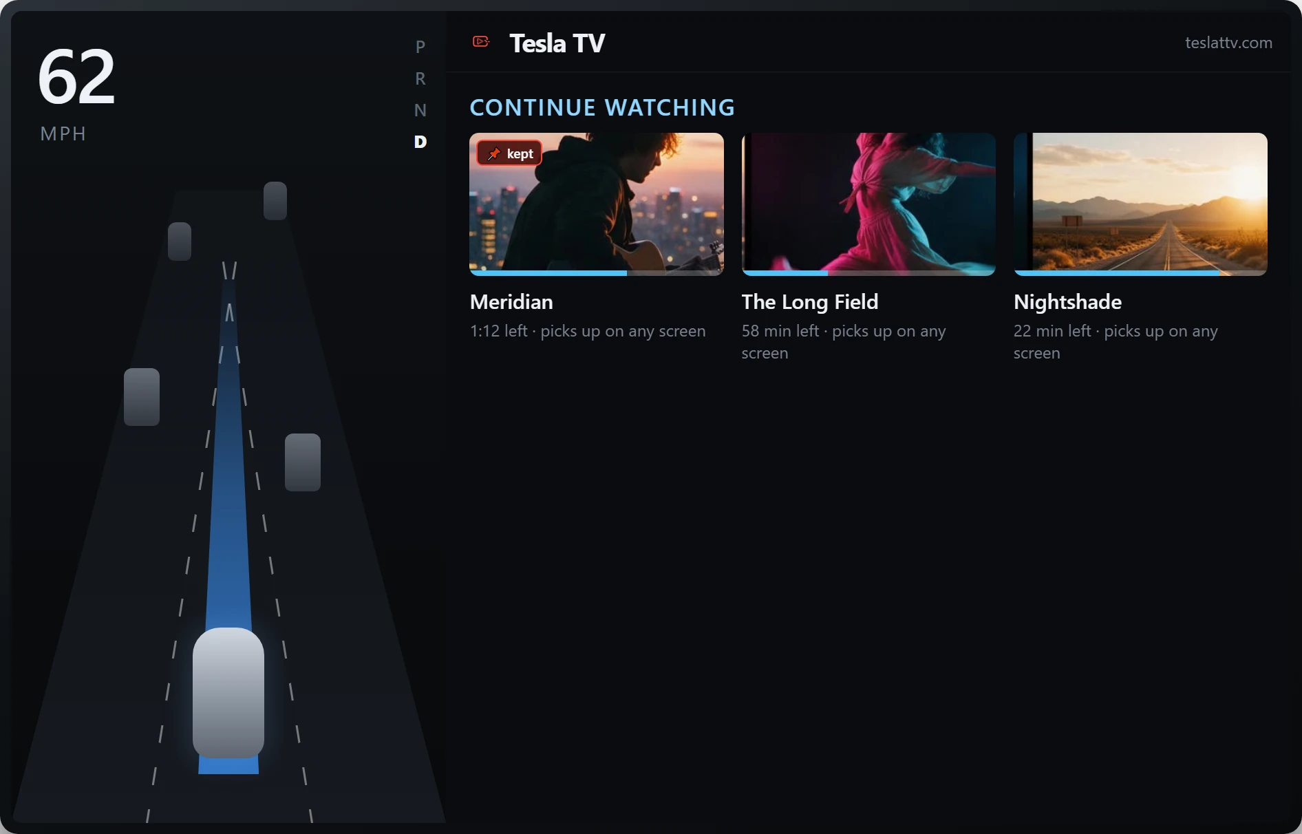 The Tesla TV Continue watching shelf on the car screen