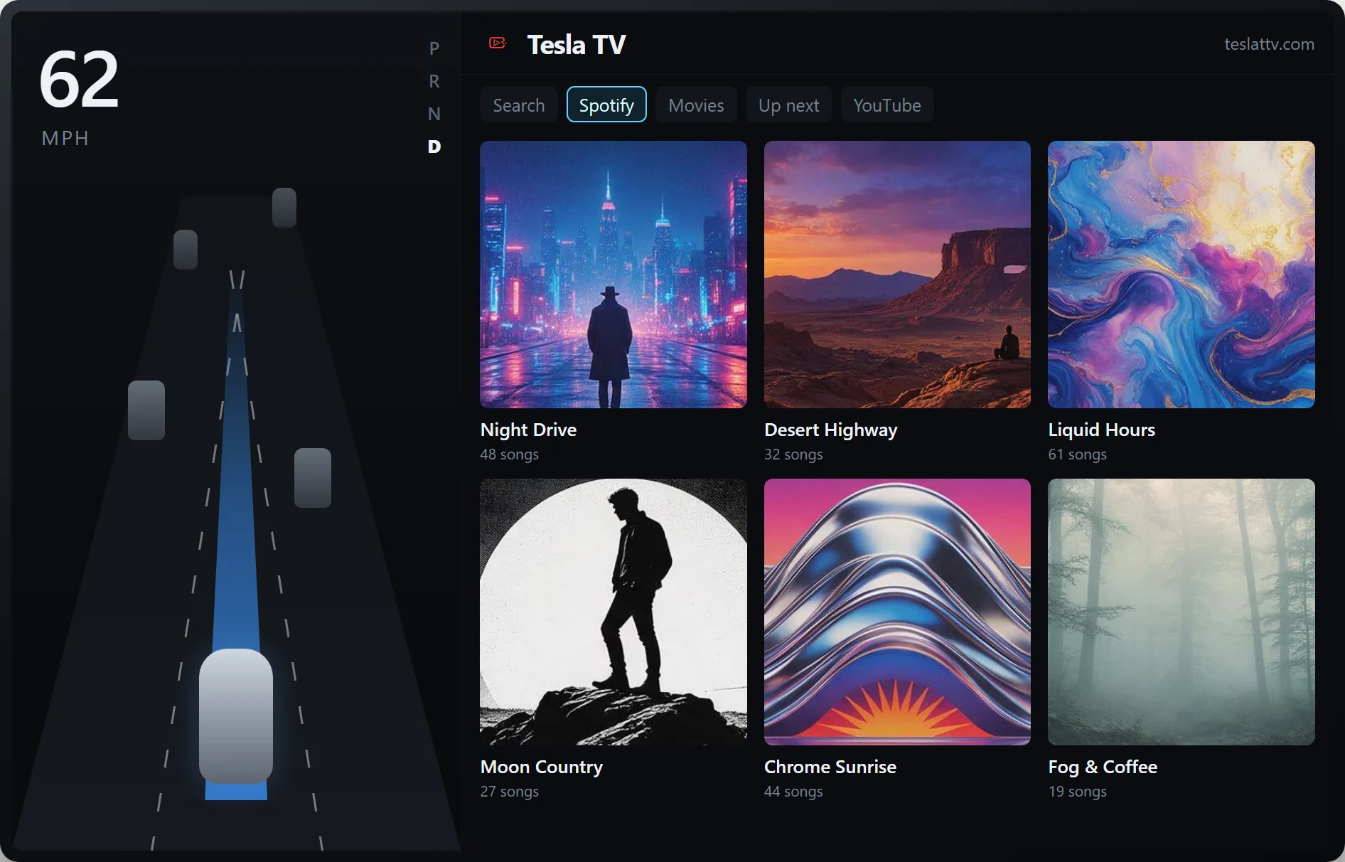 A Spotify playlist matched to music videos on the car screen