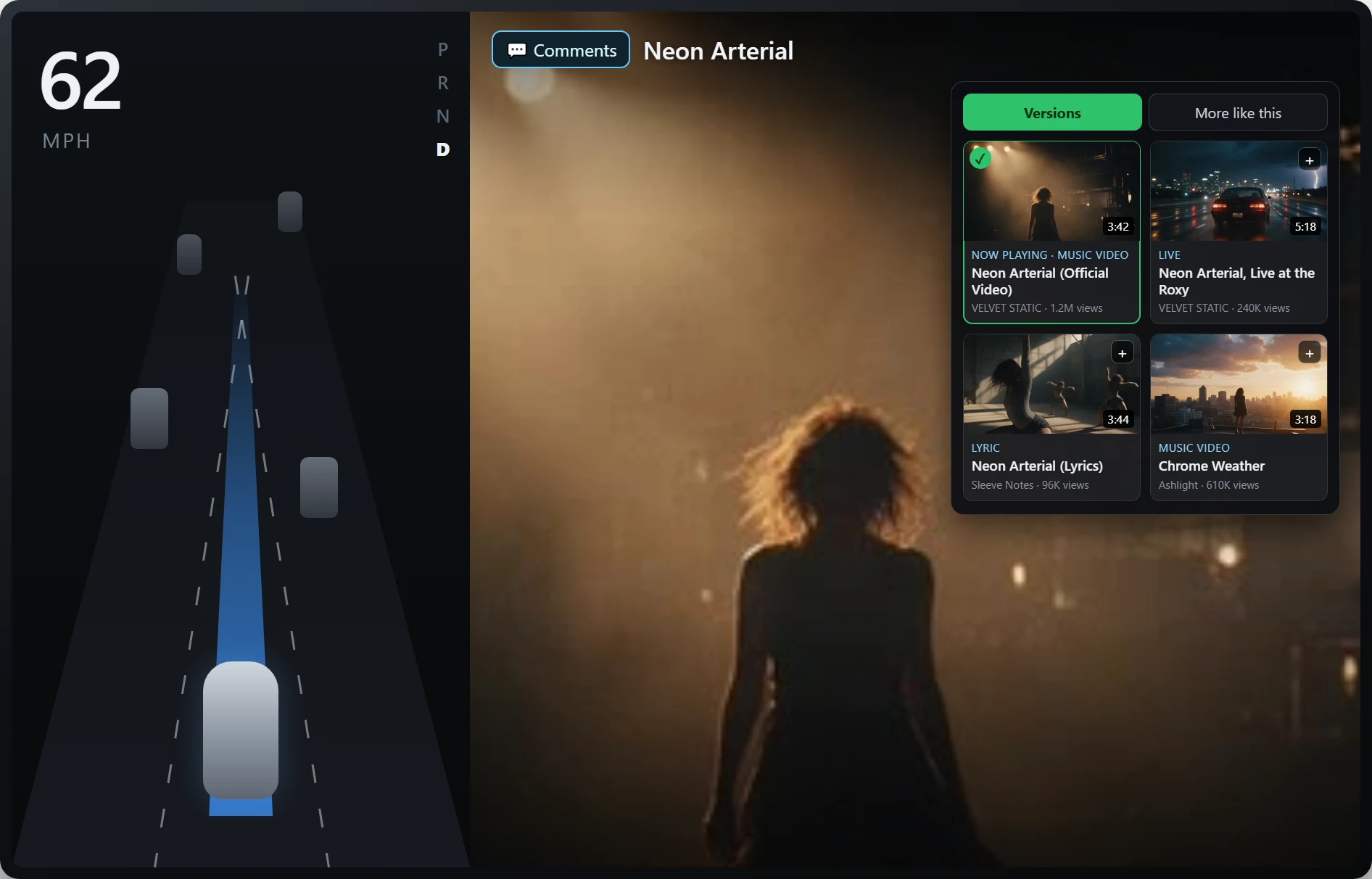The Tesla TV versions picker open on the car screen