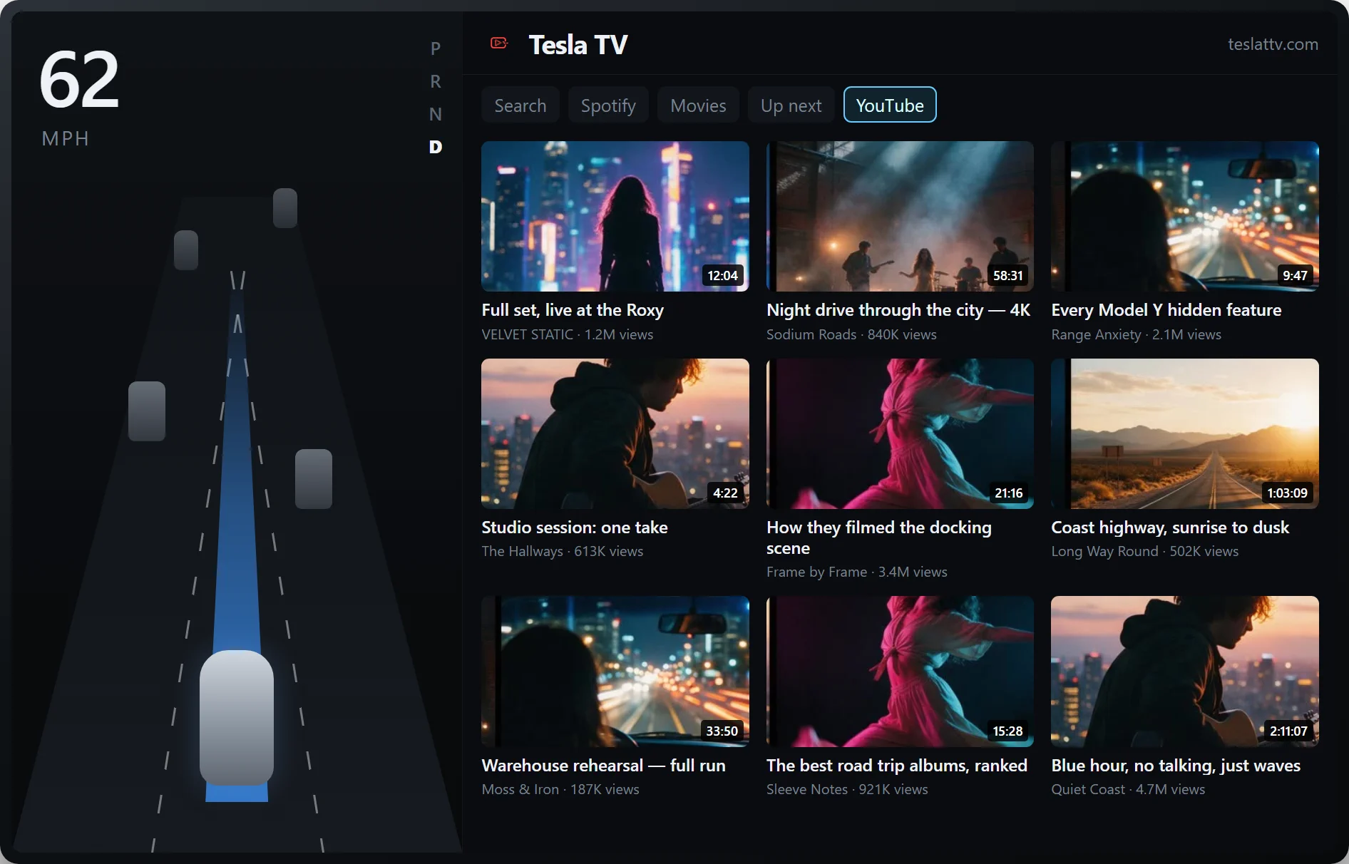 The Tesla TV YouTube grid on the car screen